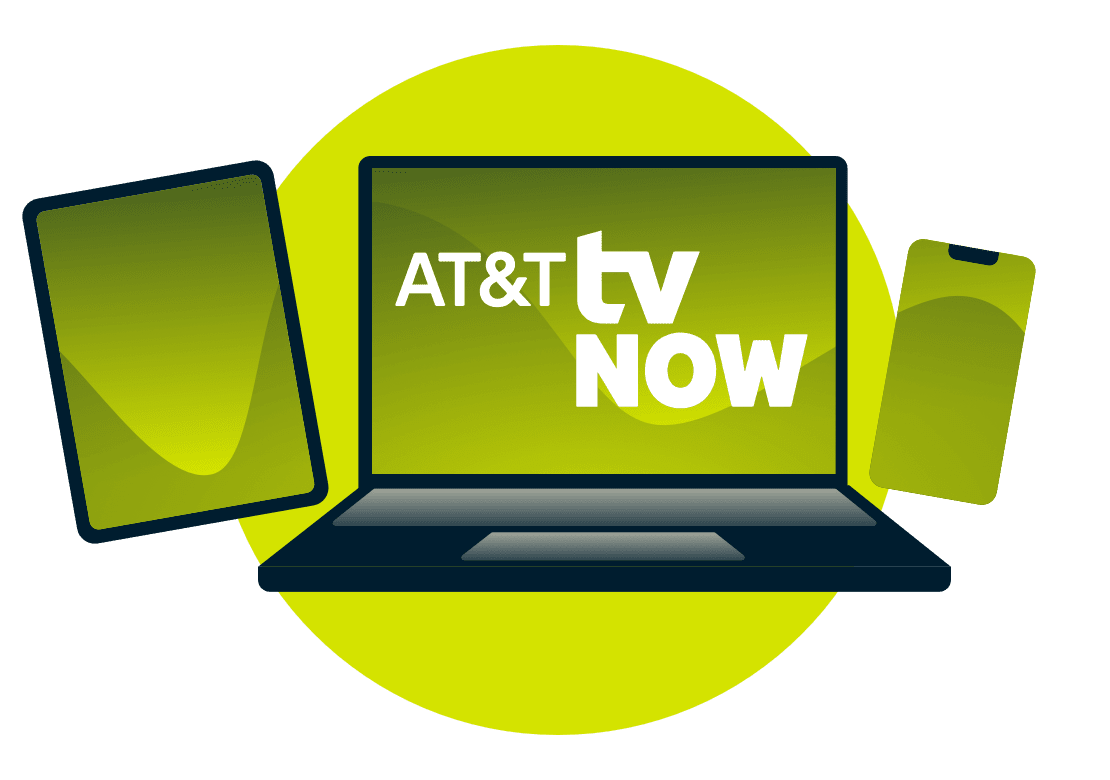 Un portatile, un tablet e un telefono, con il logo AT&T TV Now.