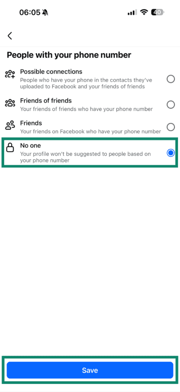 The "People with your phone number" Facebook menu with the "No One" option highlighted.