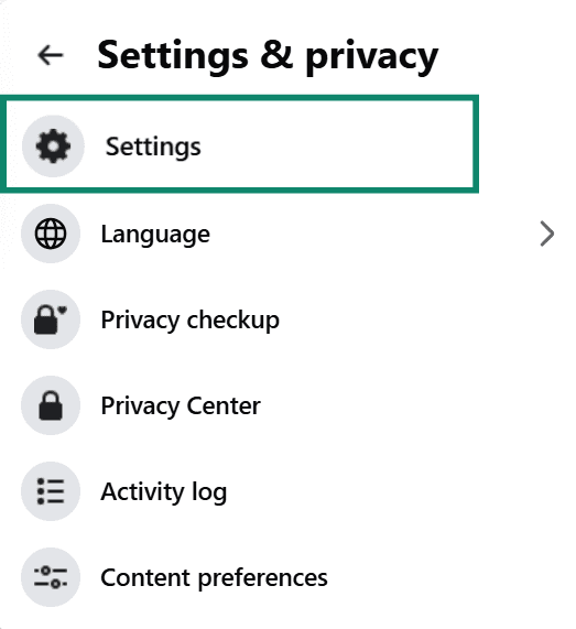 Settings & privacy menu list with the 'Settings' option highlighted.