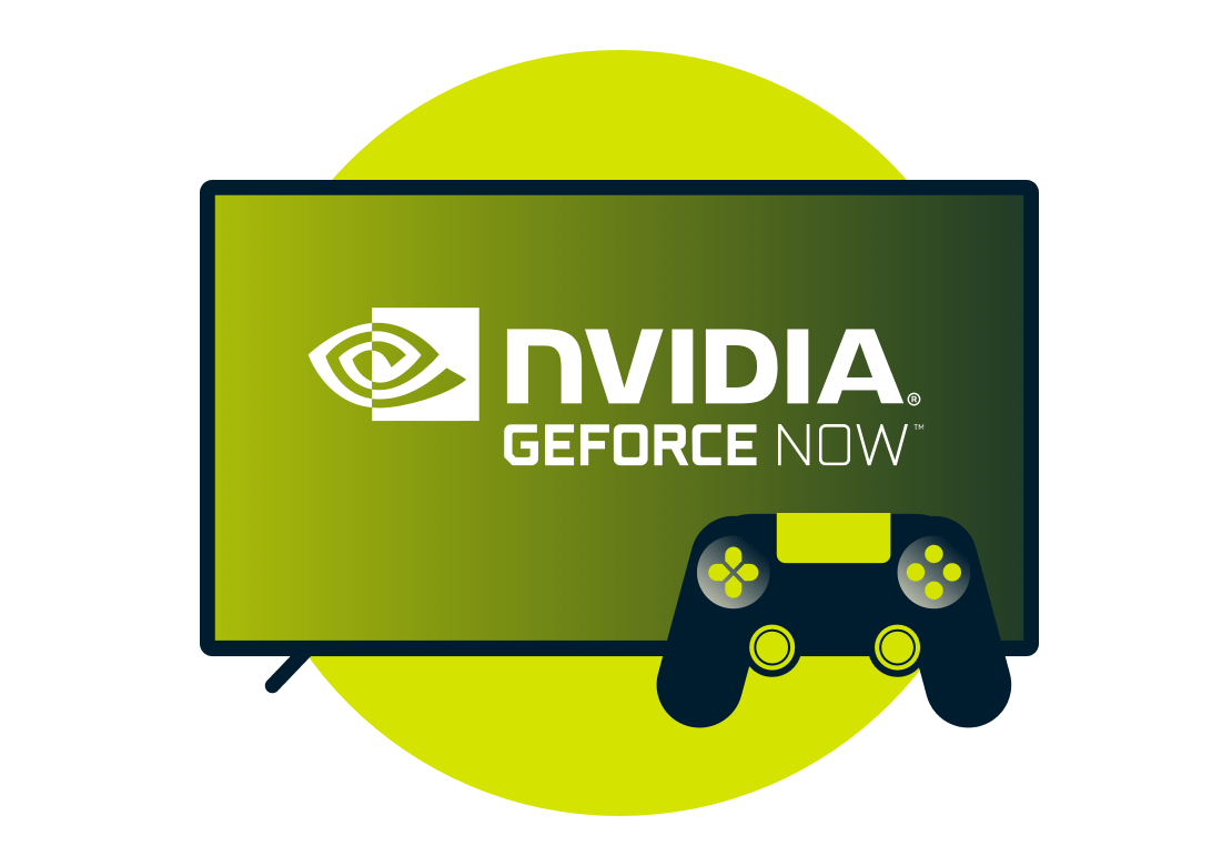 Schermo con logo Nvidia GeForce Now e un controller