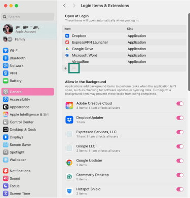 Login Items & Extensions screen showing apps set to open at login.