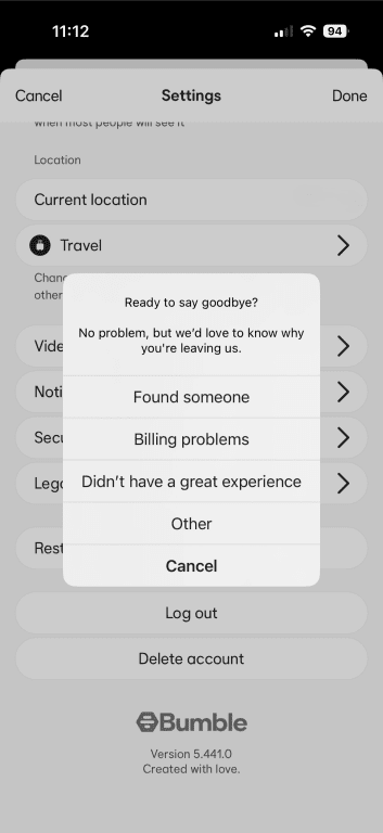 Screenshot of the Bumble app during the account deletion process, with a popup requesting a reason for deletion.