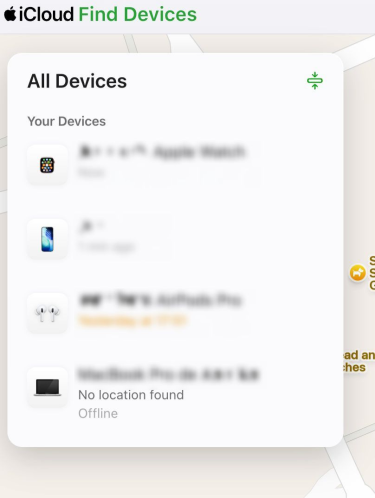 Find Devices screen showing a list of Apple devices linked to the account.