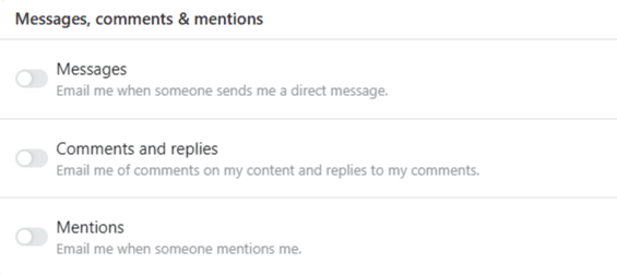 The Quora email notification sliders for messages, comments and mentions.