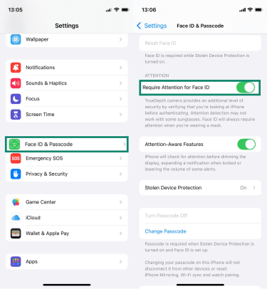 Turning on the "Require Attention for Face ID" feature on an iPhone.