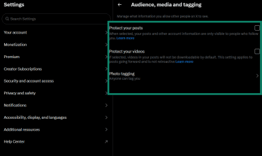 Audience and Tagging screen with Protect Your Posts and Protect Your Videos toggles.