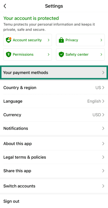 Temu Settings with Your payment methods highlighted.