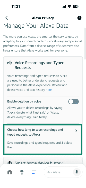 Screenshot of the Alexa app with Choose how long to save recordings highlighted.