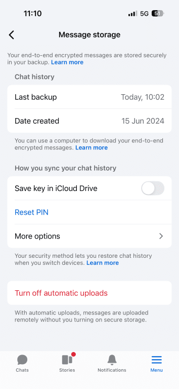 The message storage page of the end-to-end encrypted chats menu in Messenger.
