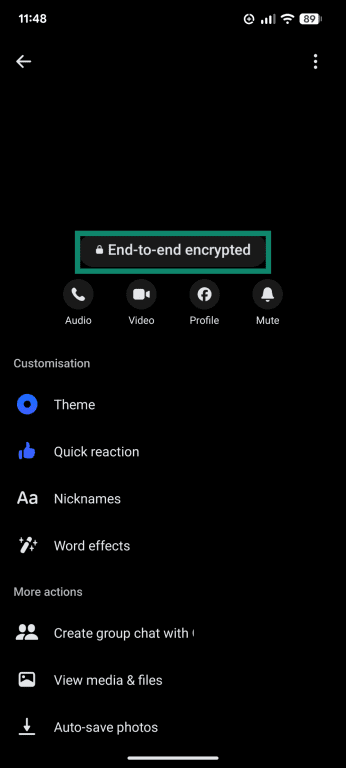 A Messenger chat menu, showing the end-to-end encrypted message.