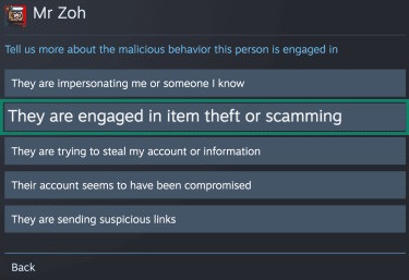 Picking a reason when reporting a profile on Steam.
