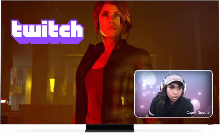 Logo Twitch, gioco e streamer su schermo.