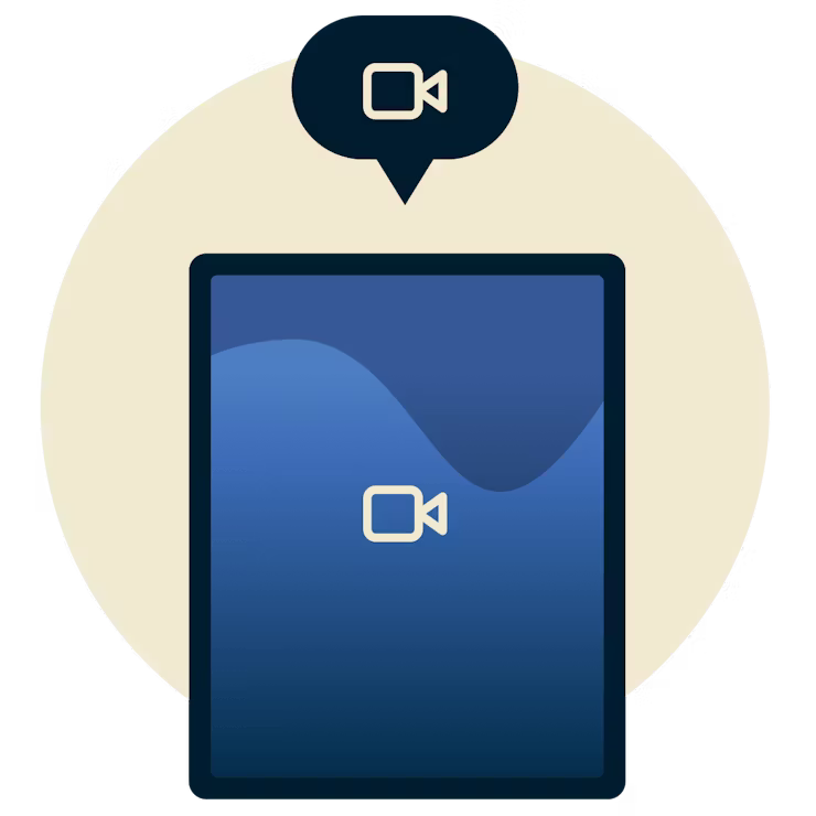 Video chat on a phone: Tablet showing a video icon with a speech bubble showing a video icon above it. 