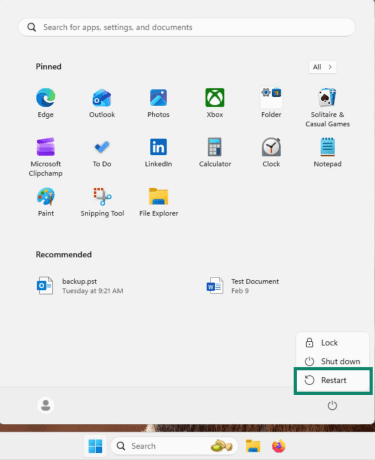Windows Power menu Restart button.