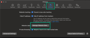Manage website data via the Privacy menu in Safari.