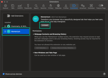 Uninstall unwanted extensions in the Safari browser.