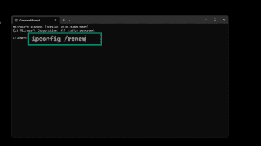 Screenshot of ipconfig /renew command in Windows Command Prompt