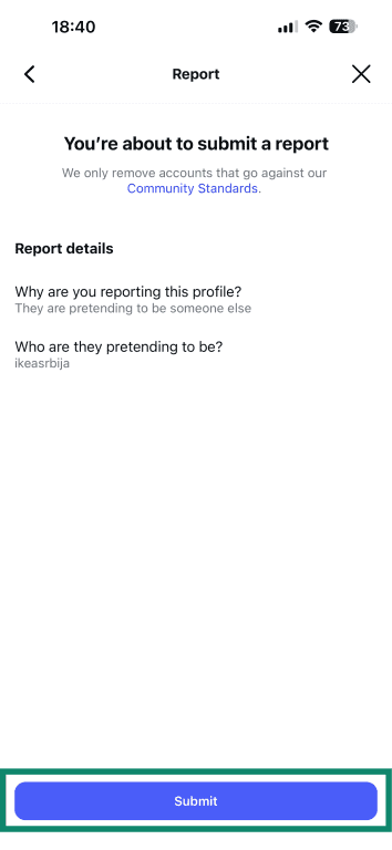 The final step of reporting a profile on Instagram.