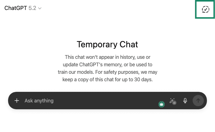 ChatGPT Temporary Chat screen explaining chats aren’t saved, with message input bar and icons at bottom.