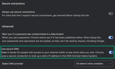 Toggling on secure DNS in Chrome.