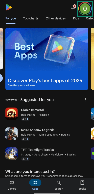 Accessing profile options on the Google Play Store.