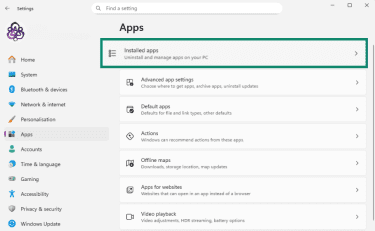 Windows Settings with Installed apps option highlighted
