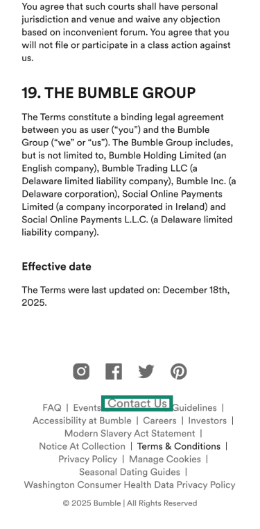 Bumble Terms and Conditions page showing “The Bumble Group” section, with the “Contact Us” link highlighted in the footer.
