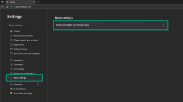 The "Reset settings" tab in Edge, alongside the "Restore settings to their default values" option.