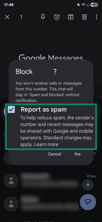 Google Messages' blocking confirmation, with the spam reporting option highlighted.