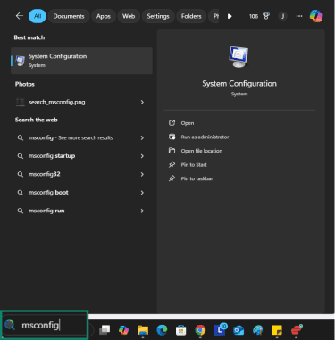 Windows Start menu showing the System Configuration result after searching "msconfig."