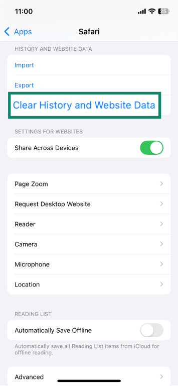 Clear History and Website Data option within the Safari app settings on iPhone.
