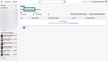 Twitch's Wallet page with payment history tab highlighted.