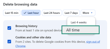 Google Chrome Delete browsing data settings with All time button highlighted.