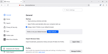 Firefox Settings page with Extensions & Themes section button highlighted.