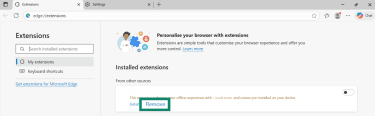 Microsoft Edge Extension settings with Remove button highlighted.