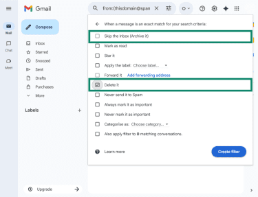 Gmail web app highlighting key filter features "skip the inbox" and "delete it"