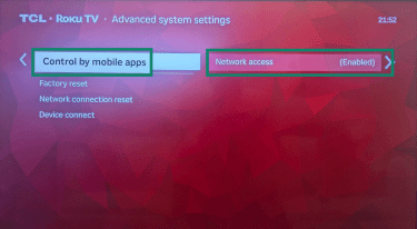 "Control by mobile apps" and "Network access" highlighted on a Roku TV.