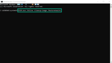 The Windows 11 Command Prompt utility. A command is typed in for enabling DISM cleanup for the Windows image.