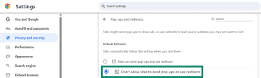 In the Chrome pop-ups and redirects, the option to allow pop-ups or redirects is enabled.