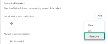 The Chrome notifications window is open, and the remove button is highlighted.