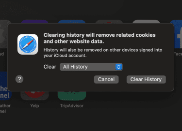 Clear History dialog box in Safari with All History selected in the dropdown, showing how to delete browsing data, cookies, and site data.