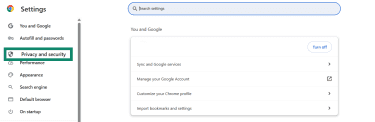 In the Chrome Settings menu, Privacy and security is highlighted.