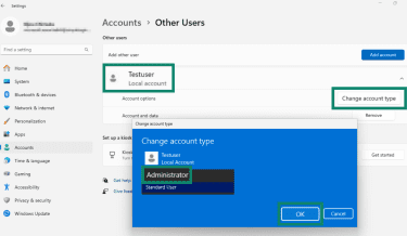 Process of changing the account type for a local Microsoft account in Windows 11.