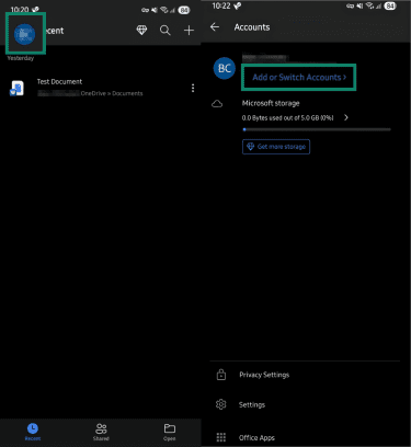 Profile option and "Add or Switch Accounts" highlighted in Outlook on Android.