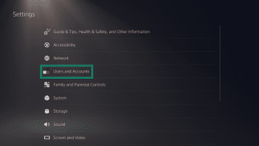 The "Settings" menu on a PlayStation 5. The "Users and Accounts" option is highlighted.