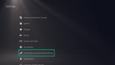 The PlayStation 5 "Settings" menu. The "Saved Data and Game/App Settings" option is highlighted.