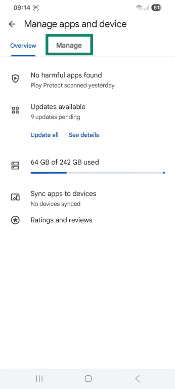 The "Manage" option in the Google Account settings.