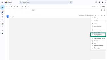 Gmail three-dot menu in the inbox, showing the "report phishing option.