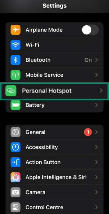 Personal Hotspot option in iOS Settings.