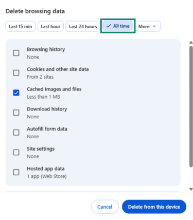 Time range options to delete browser data.
